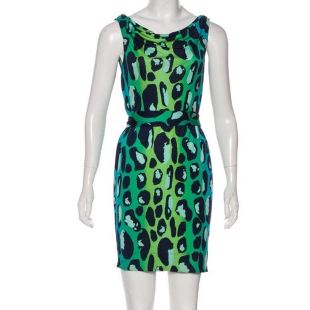 Diane von Furstenberg Sheath Dress Womens 0 Green Excellent Silk Leopard Cowl